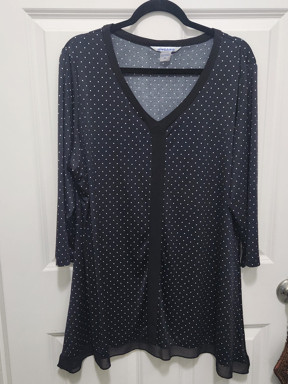 Peter Nygard Black with White Polka Dot V-Neck Long Sleeve Dress
